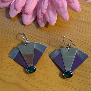 Vintage sterling silver stamped geometric fan earrings with purple accents